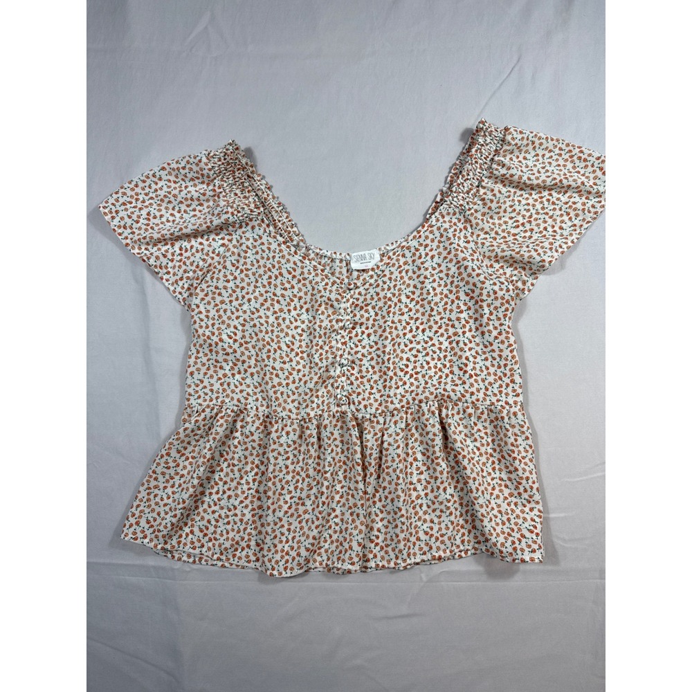 Sienna Sky Floral Peplum Top Women Medium White Orange Flutter Sleeve V-Neck